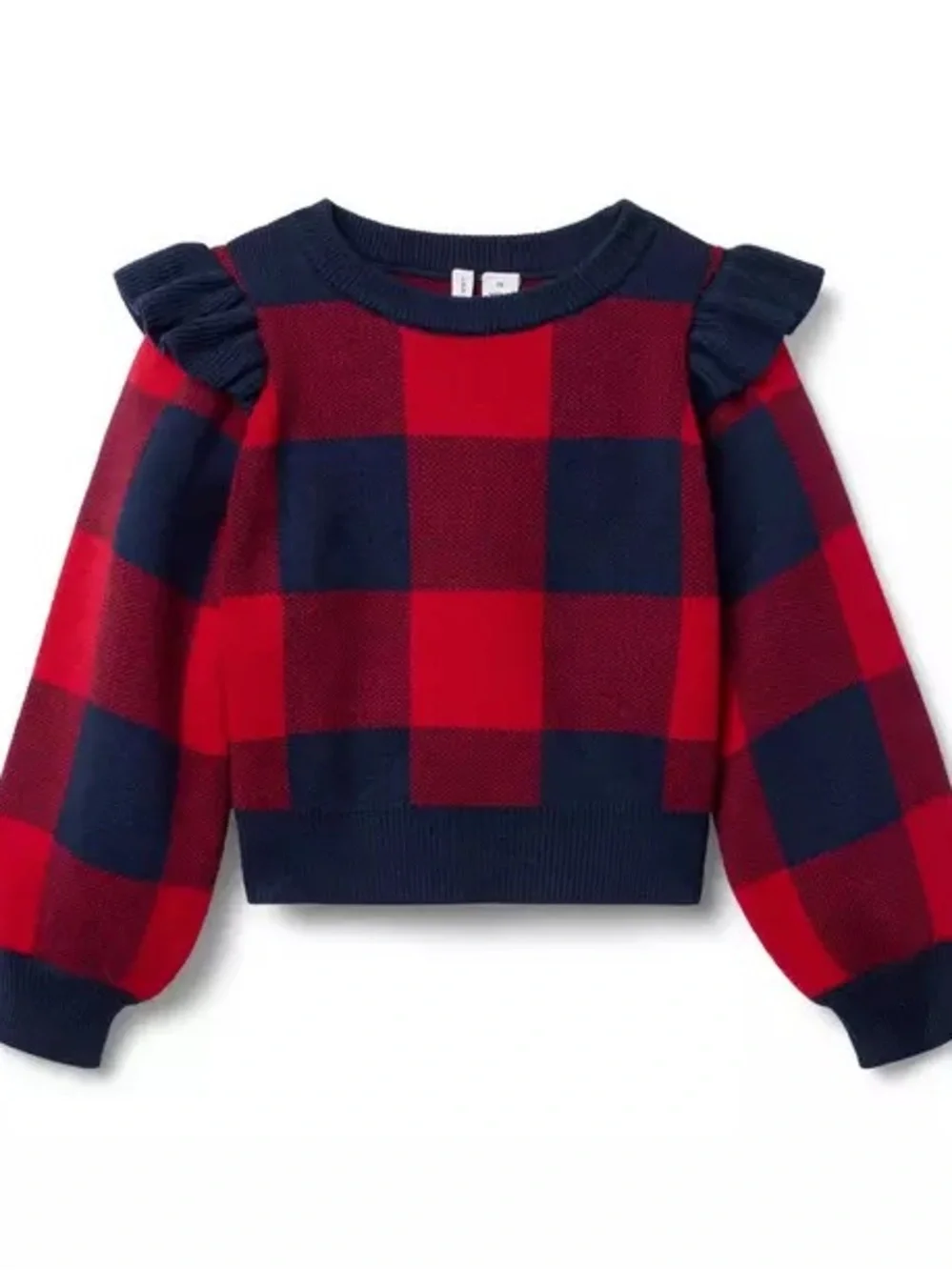Janie and Jack Red and Navy Buffalo Plaid Ruffle Shoulder Sweater